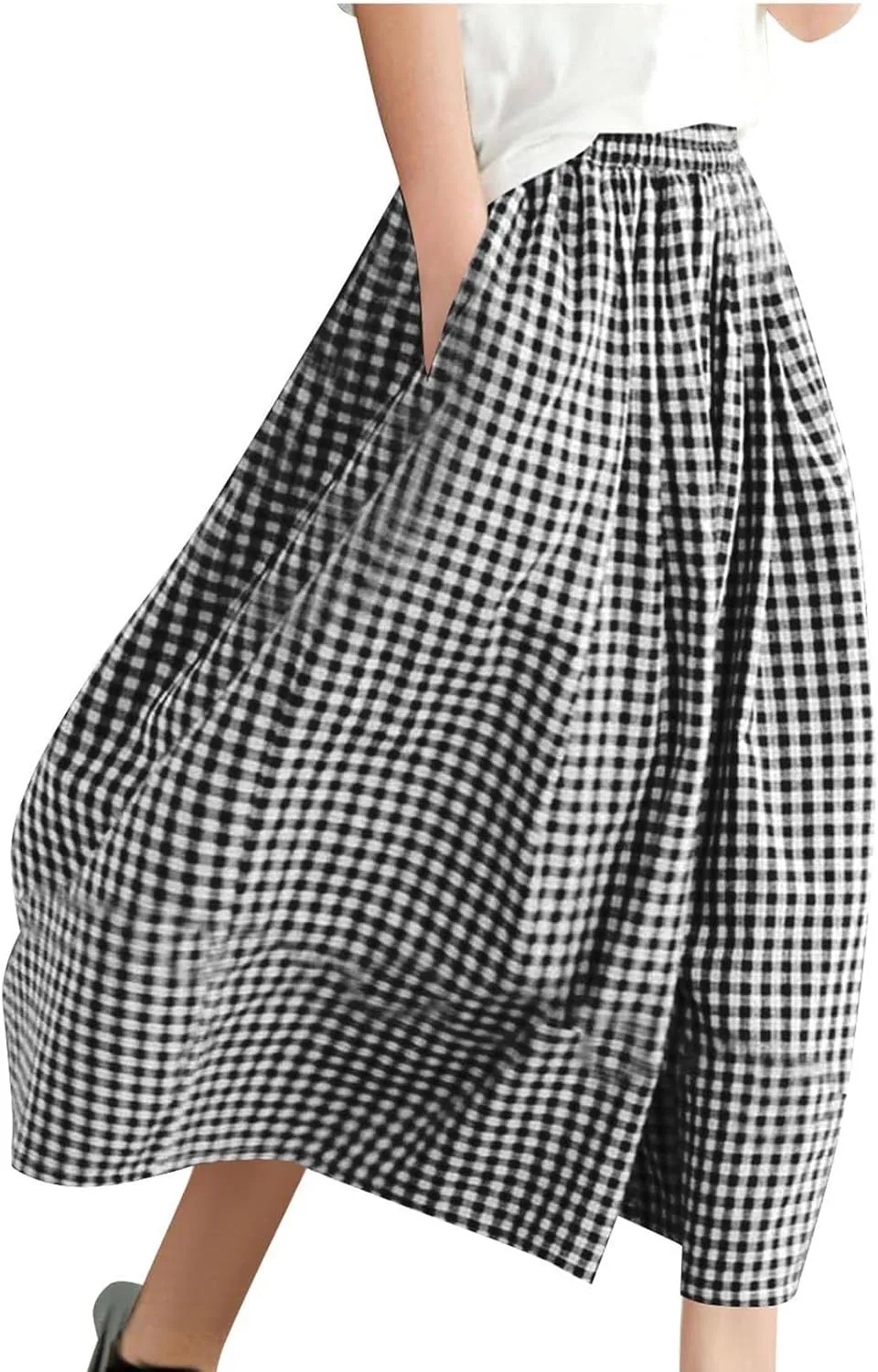 HGps8w Women's Flowy Wide Leg Gingham Pants Elastic Waist Casual Colorblock Baggy Lounge Capris with Pockets