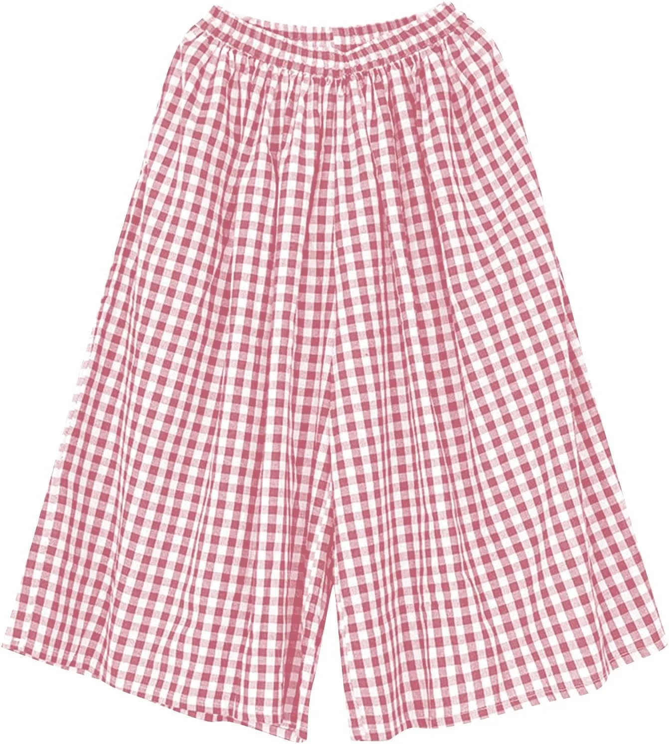 HGps8w Women's Flowy Wide Leg Gingham Pants Elastic Waist Casual Colorblock Baggy Lounge Capris with Pockets