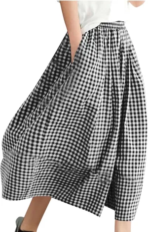 HGps8w Women's Flowy Wide Leg Gingham Pants Elastic Waist Casual Colorblock Baggy Lounge Capris with Pockets