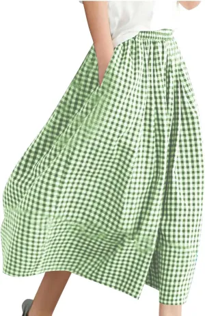 HGps8w Women's Flowy Wide Leg Gingham Pants Elastic Waist Casual Colorblock Baggy Lounge Capris with Pockets