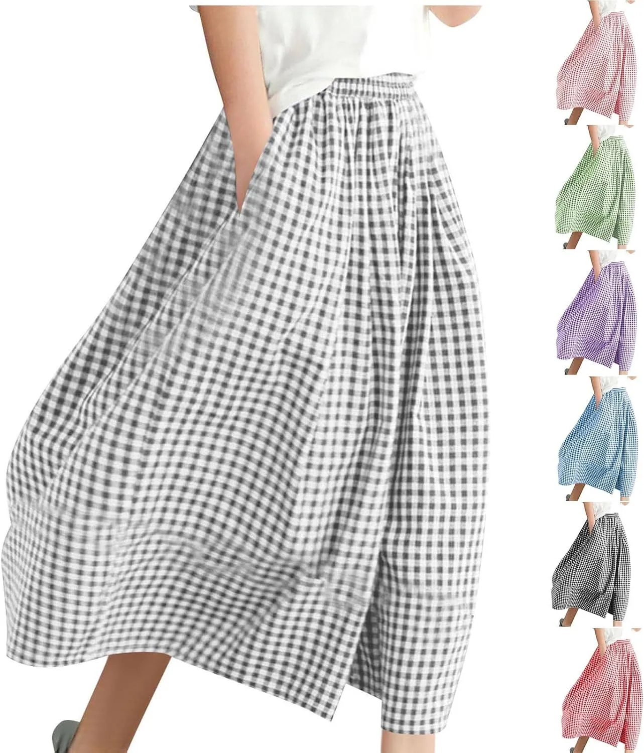 HGps8w Women's Flowy Wide Leg Gingham Pants Elastic Waist Casual Colorblock Baggy Lounge Capris with Pockets