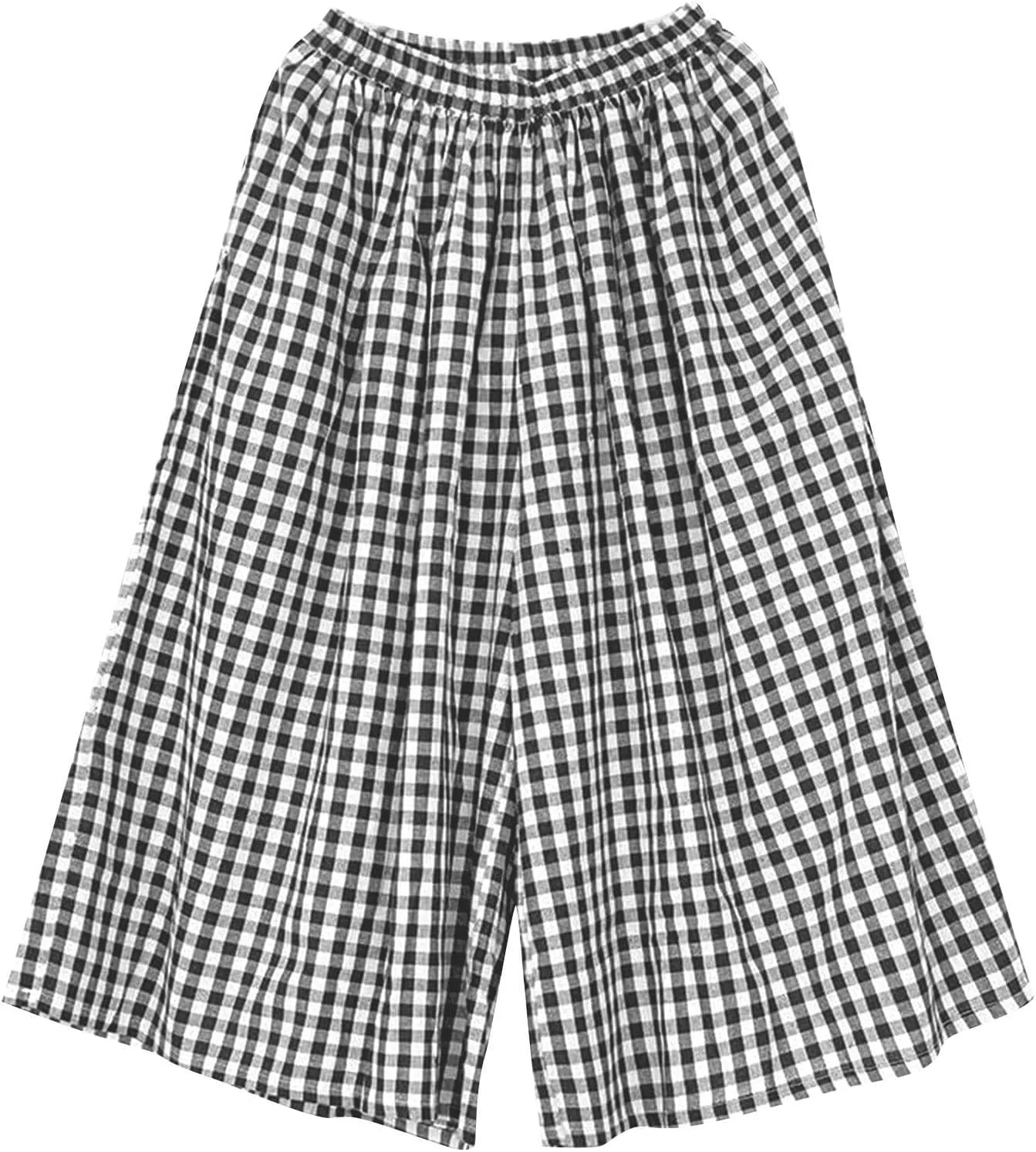 HGps8w Women's Flowy Wide Leg Gingham Pants Elastic Waist Casual Colorblock Baggy Lounge Capris with Pockets