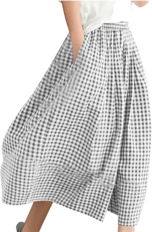 HGps8w Women's Flowy Wide Leg Gingham Pants Elastic Waist Casual Colorblock Baggy Lounge Capris with Pockets