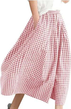 HGps8w Women's Flowy Wide Leg Gingham Pants Elastic Waist Casual Colorblock Baggy Lounge Capris with Pockets
