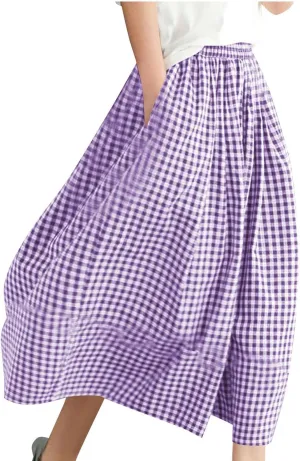 HGps8w Women's Flowy Wide Leg Gingham Pants Elastic Waist Casual Colorblock Baggy Lounge Capris with Pockets