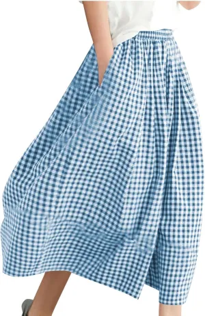 HGps8w Women's Flowy Wide Leg Gingham Pants Elastic Waist Casual Colorblock Baggy Lounge Capris with Pockets