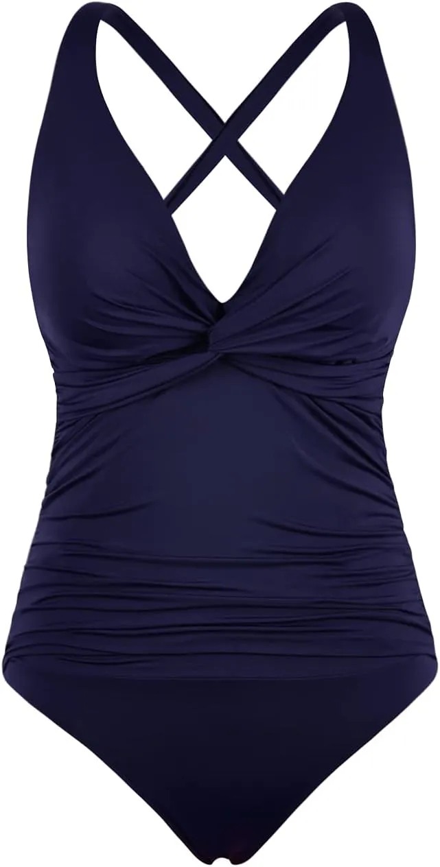 Hilor Women V Neck One Piece Swimsuit Tummy Control Shirred Swimwear Front Twist Bathing Suits