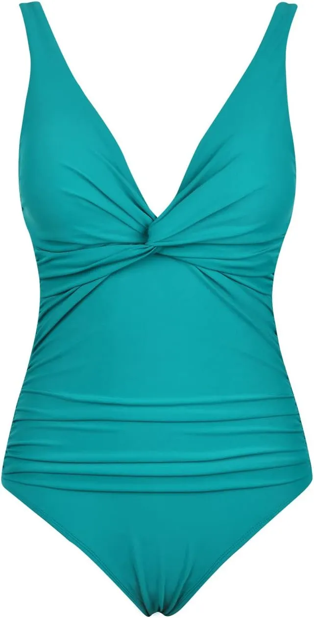Hilor Women V Neck One Piece Swimsuit Tummy Control Shirred Swimwear Front Twist Bathing Suits