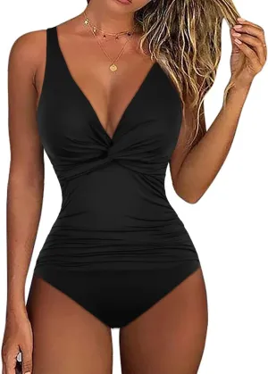Hilor Women V Neck One Piece Swimsuit Tummy Control Shirred Swimwear Front Twist Bathing Suits