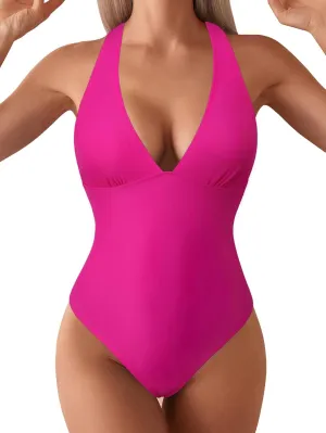 Hilor Women's Sexy Plunge V Neck One Piece Swimsuit Push Up Slimming Bathing Suit Criss Cross Back Swimwear