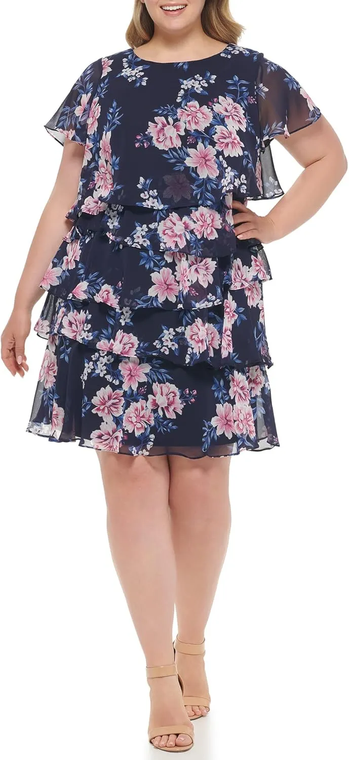 Jessica Howard Women's Floral Ruffle Chiffon Mini Shift Dress