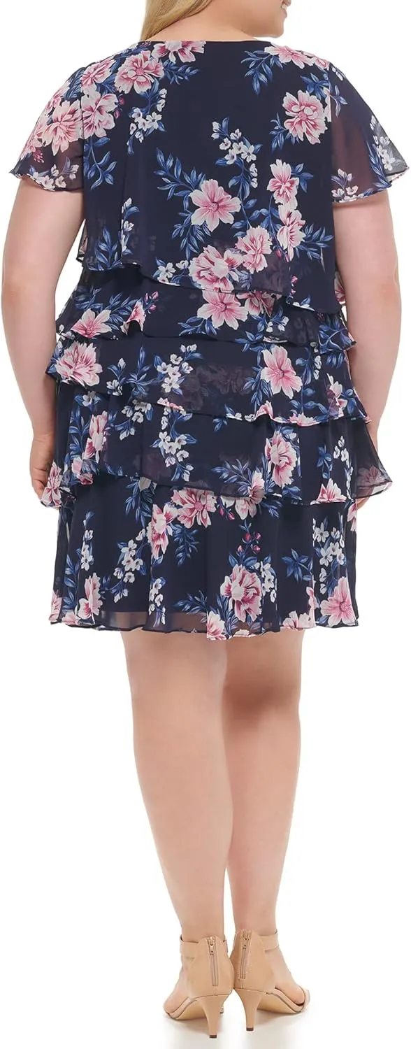 Jessica Howard Women's Floral Ruffle Chiffon Mini Shift Dress