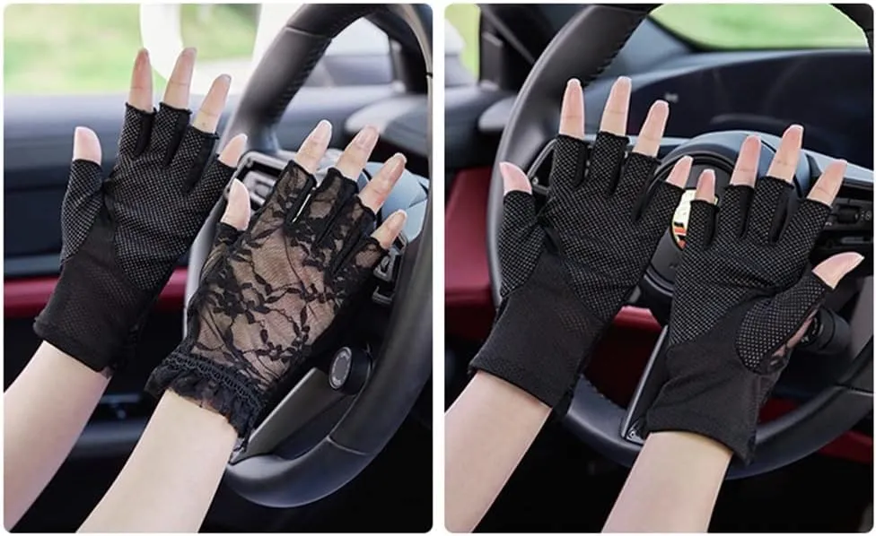 JSEIAJB Lace Short Gloves Women's Thin Section Driving Riding Half Finger Touch Screen