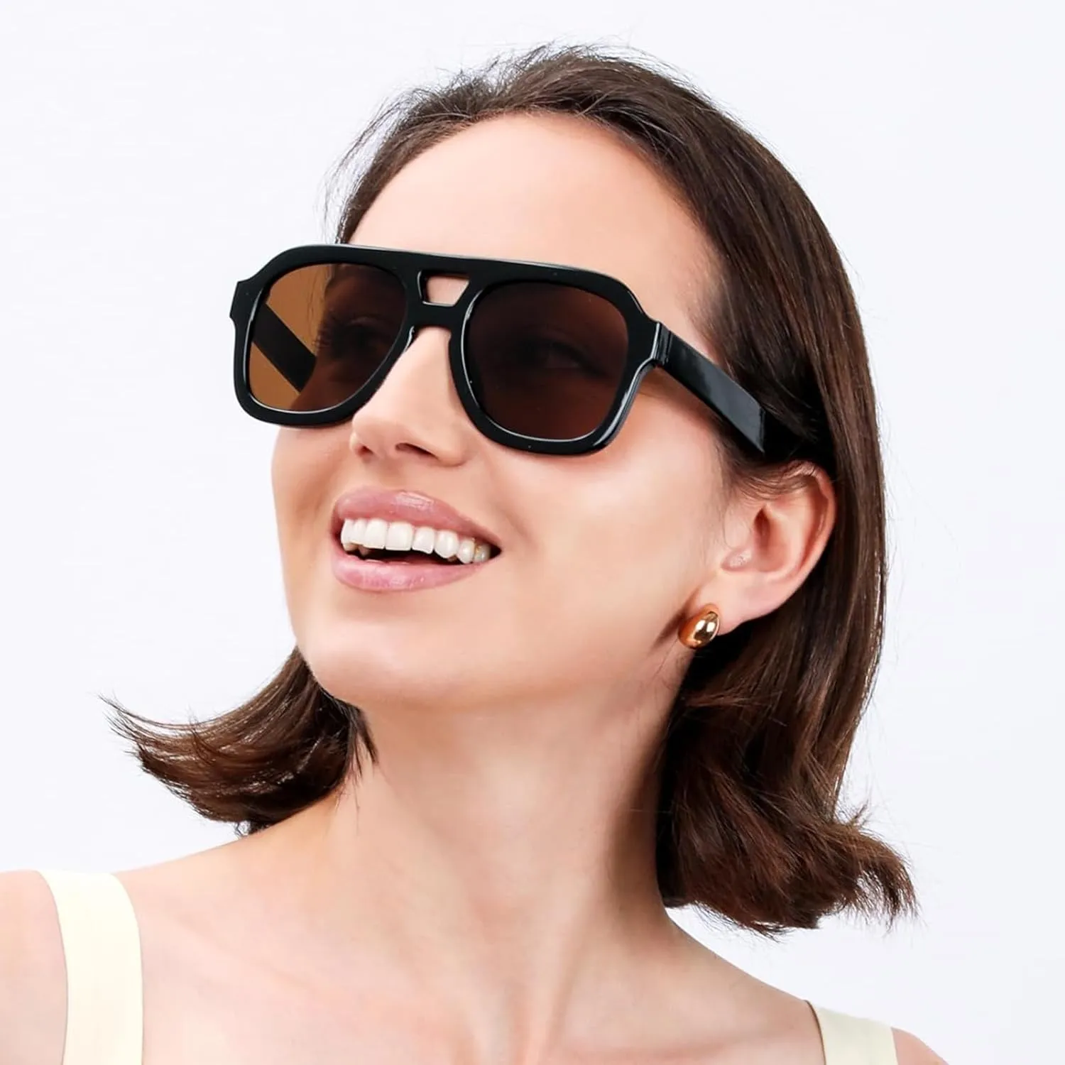 JUDOO Retro 70s Square Flat Aviator Sunglasses for Women Men Trendy Rectangle Double Bridge Geometric Sun Glasses Shades