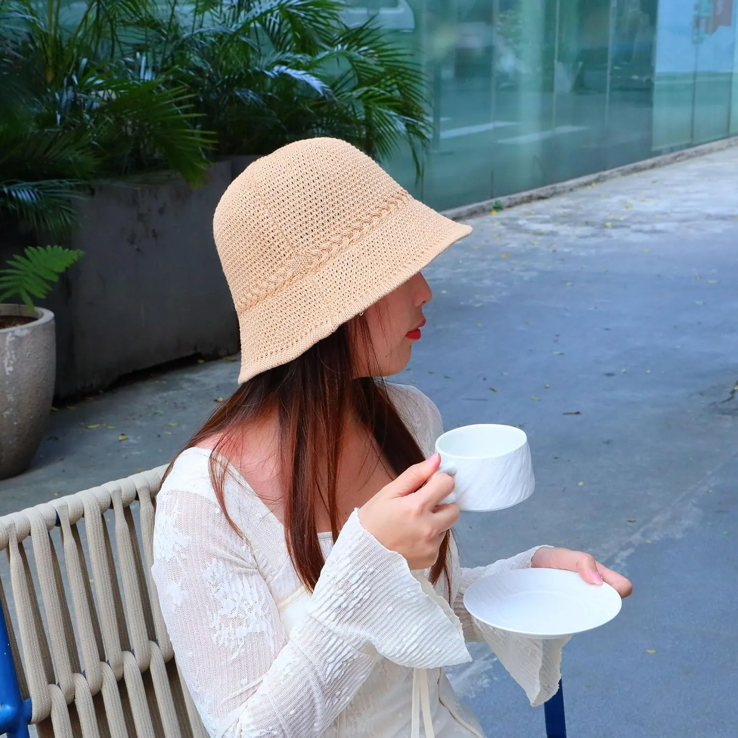 Khaki Mesh Woven Foldable Packable Crochet Beach Hats for Women Summer Hat, Floppy Wide Brim Hats for Women