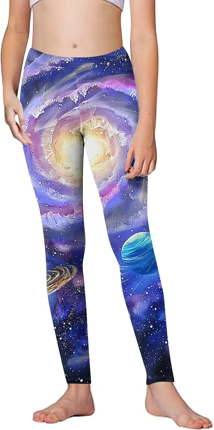 Kids Purple Galaxy Print Leggings Stretchy Comfortable Activewear for Girls Elastic Waistband