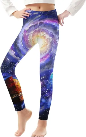 Kids Purple Galaxy Print Leggings Stretchy Comfortable Activewear for Girls Elastic Waistband