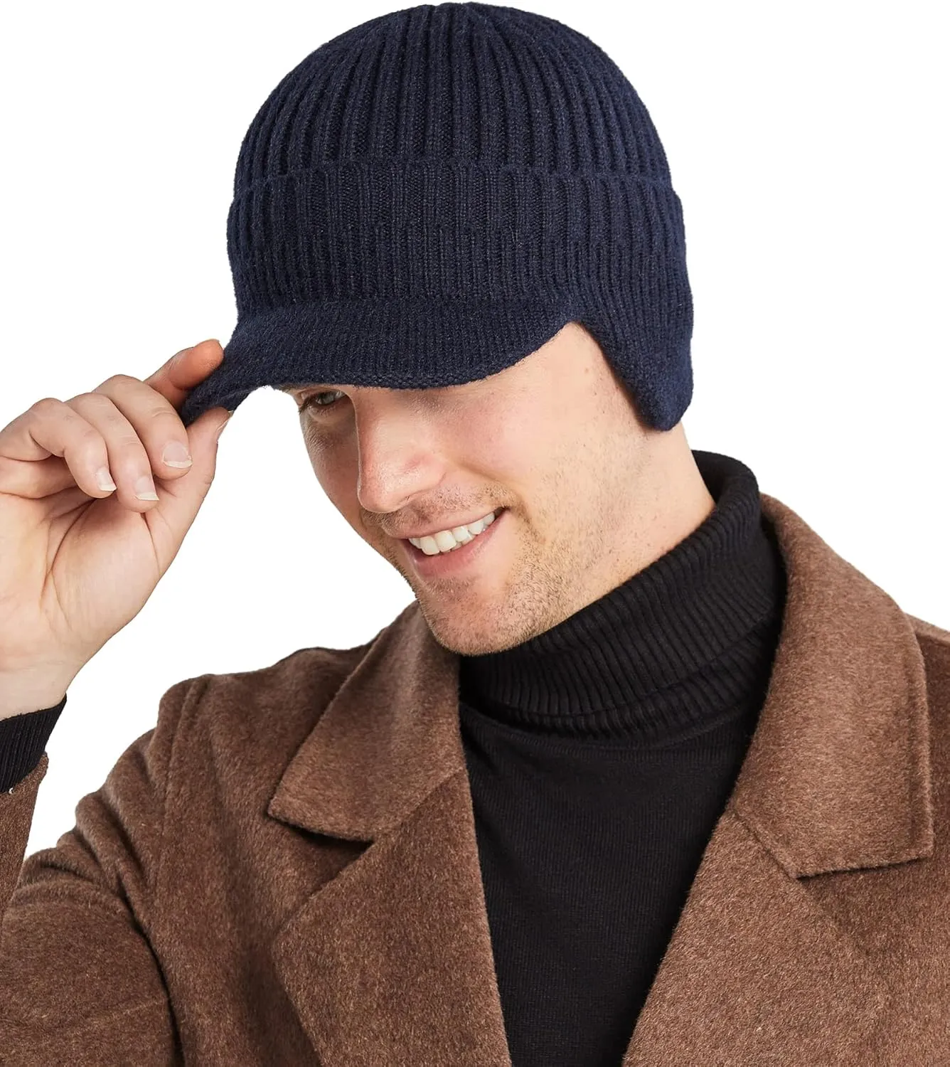 Koreshion Men's Winter Visor Beanie Hat with Earflaps Knit Baseball Cap with Brim Ski Hat Warm Fleece Lined Hunting Hat