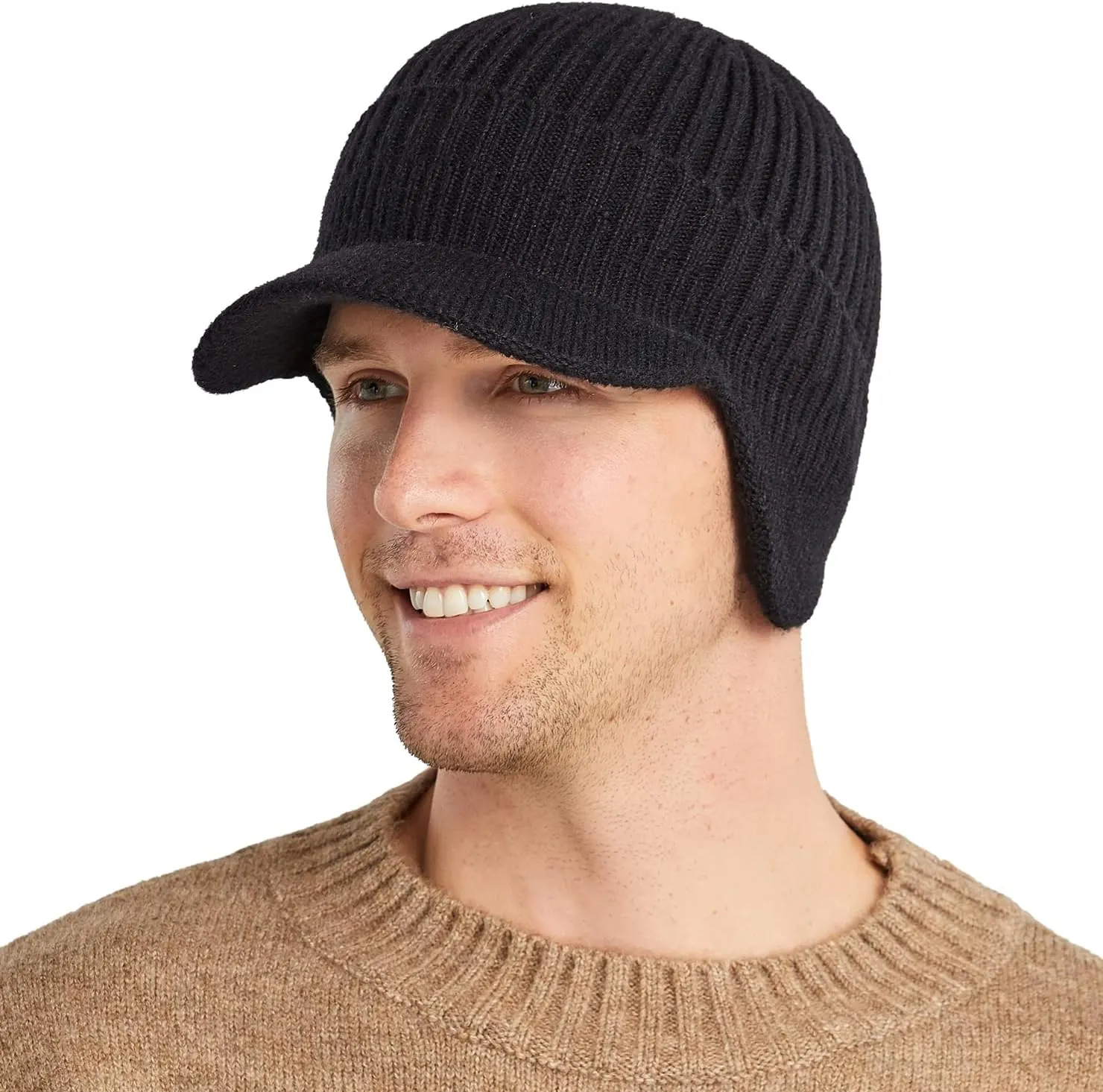 Koreshion Men's Winter Visor Beanie Hat with Earflaps Knit Baseball Cap with Brim Ski Hat Warm Fleece Lined Hunting Hat