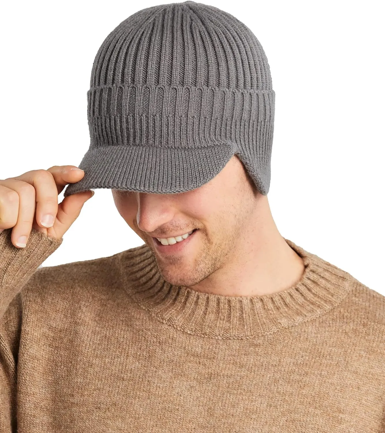 Koreshion Men's Winter Visor Beanie Hat with Earflaps Knit Baseball Cap with Brim Ski Hat Warm Fleece Lined Hunting Hat
