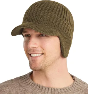 Koreshion Men's Winter Visor Beanie Hat with Earflaps Knit Baseball Cap with Brim Ski Hat Warm Fleece Lined Hunting Hat