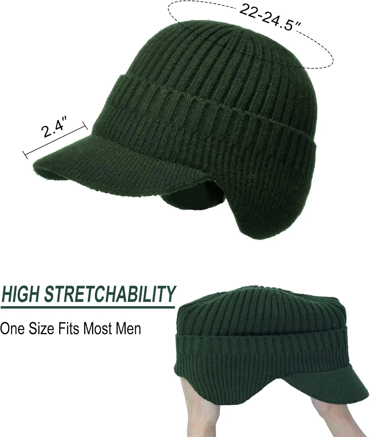 Koreshion Men's Winter Visor Beanie Hat with Earflaps Knit Baseball Cap with Brim Ski Hat Warm Fleece Lined Hunting Hat