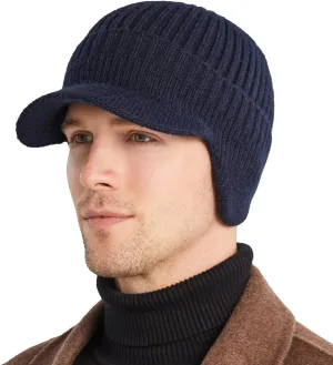 Koreshion Men's Winter Visor Beanie Hat with Earflaps Knit Baseball Cap with Brim Ski Hat Warm Fleece Lined Hunting Hat