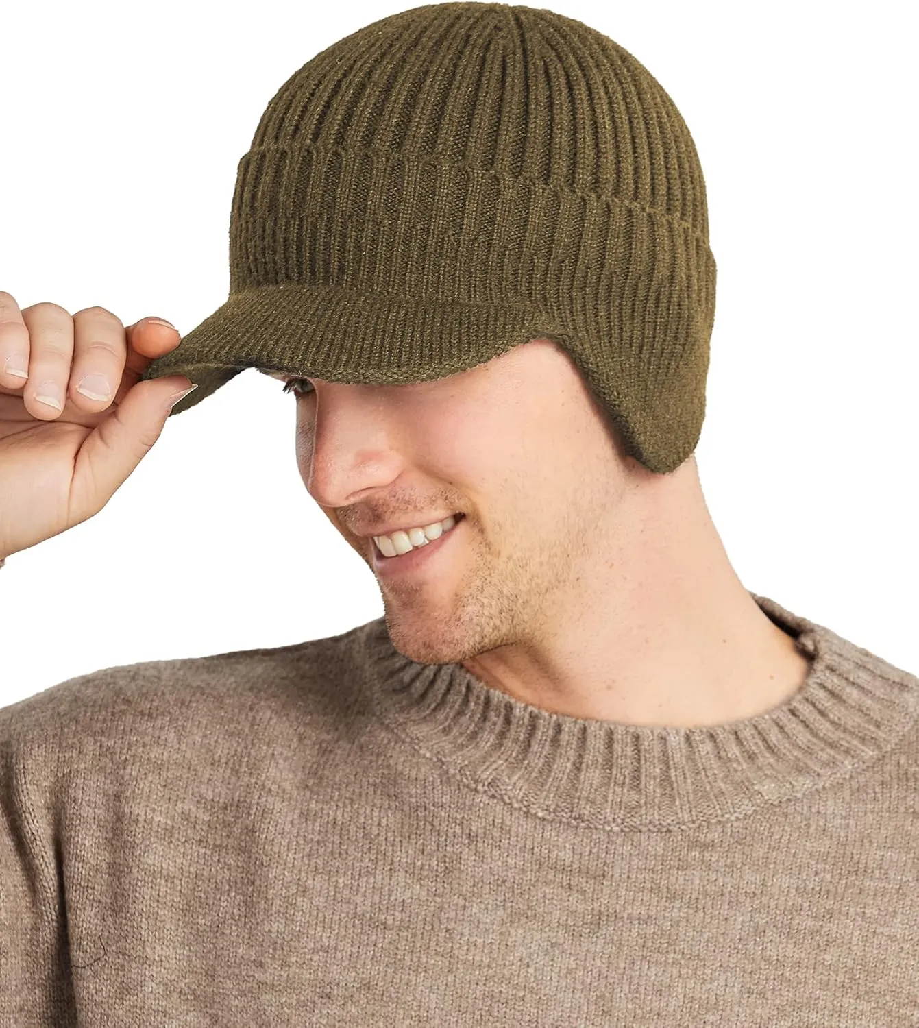 Koreshion Men's Winter Visor Beanie Hat with Earflaps Knit Baseball Cap with Brim Ski Hat Warm Fleece Lined Hunting Hat