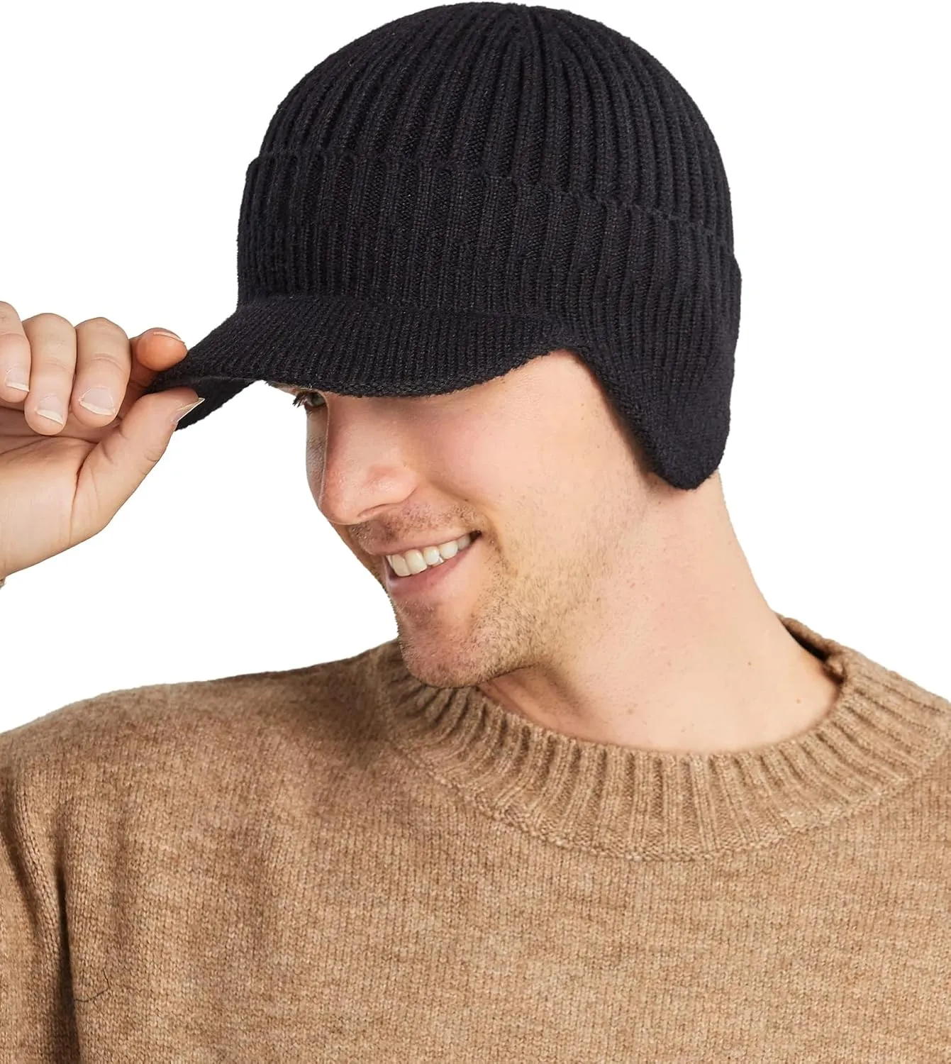 Koreshion Men's Winter Visor Beanie Hat with Earflaps Knit Baseball Cap with Brim Ski Hat Warm Fleece Lined Hunting Hat