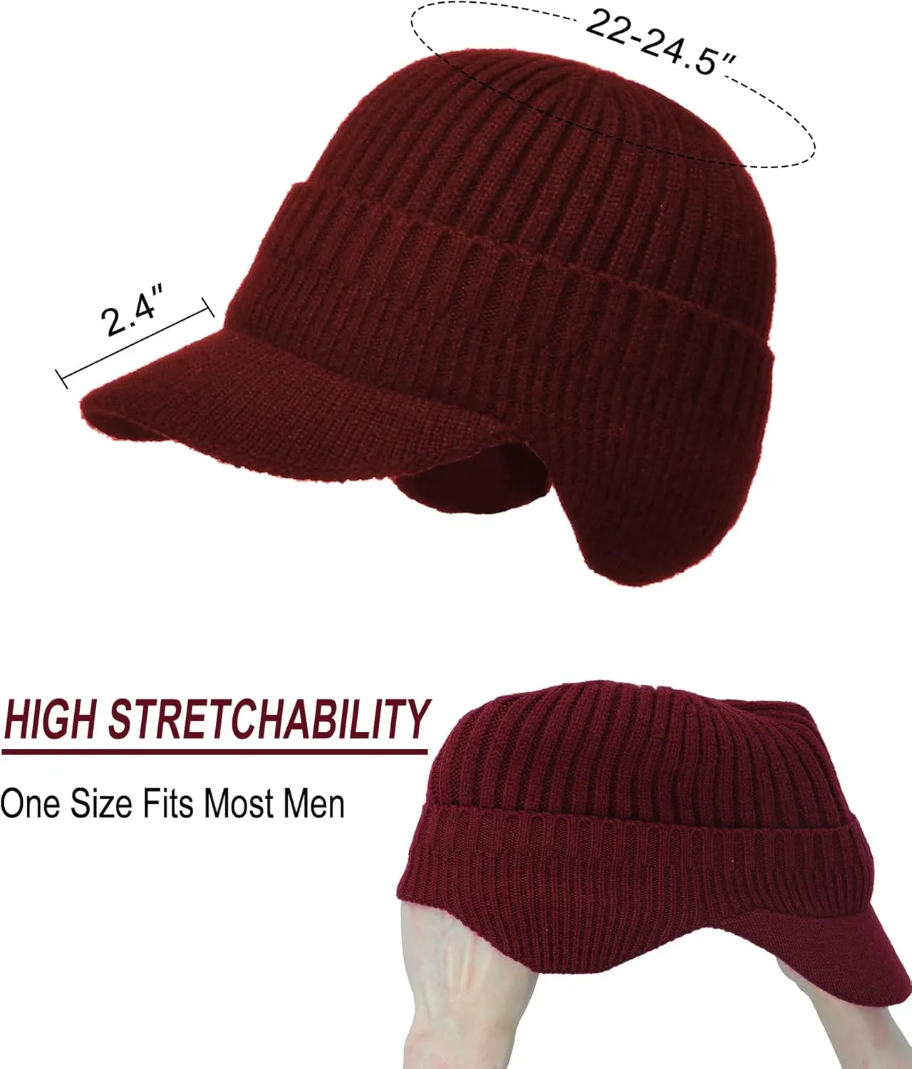 Koreshion Men's Winter Visor Beanie Hat with Earflaps Knit Baseball Cap with Brim Ski Hat Warm Fleece Lined Hunting Hat
