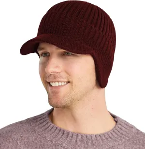 Koreshion Men's Winter Visor Beanie Hat with Earflaps Knit Baseball Cap with Brim Ski Hat Warm Fleece Lined Hunting Hat