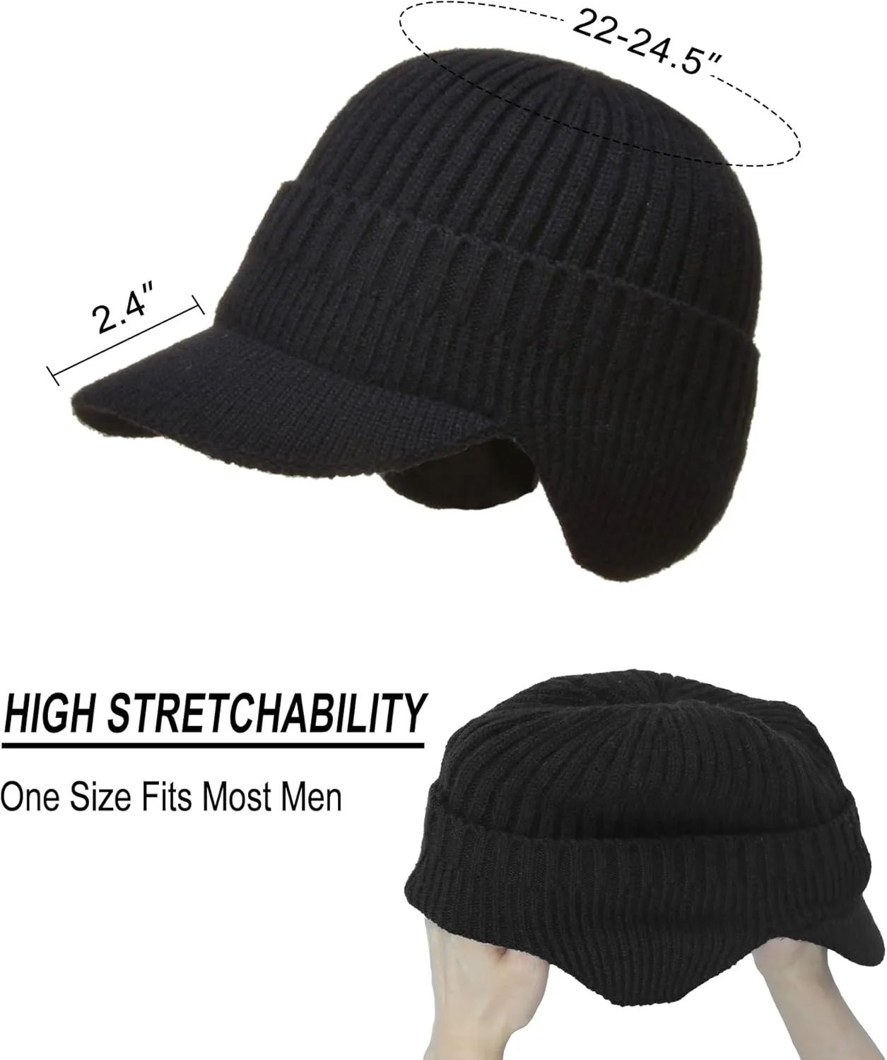 Koreshion Men's Winter Visor Beanie Hat with Earflaps Knit Baseball Cap with Brim Ski Hat Warm Fleece Lined Hunting Hat