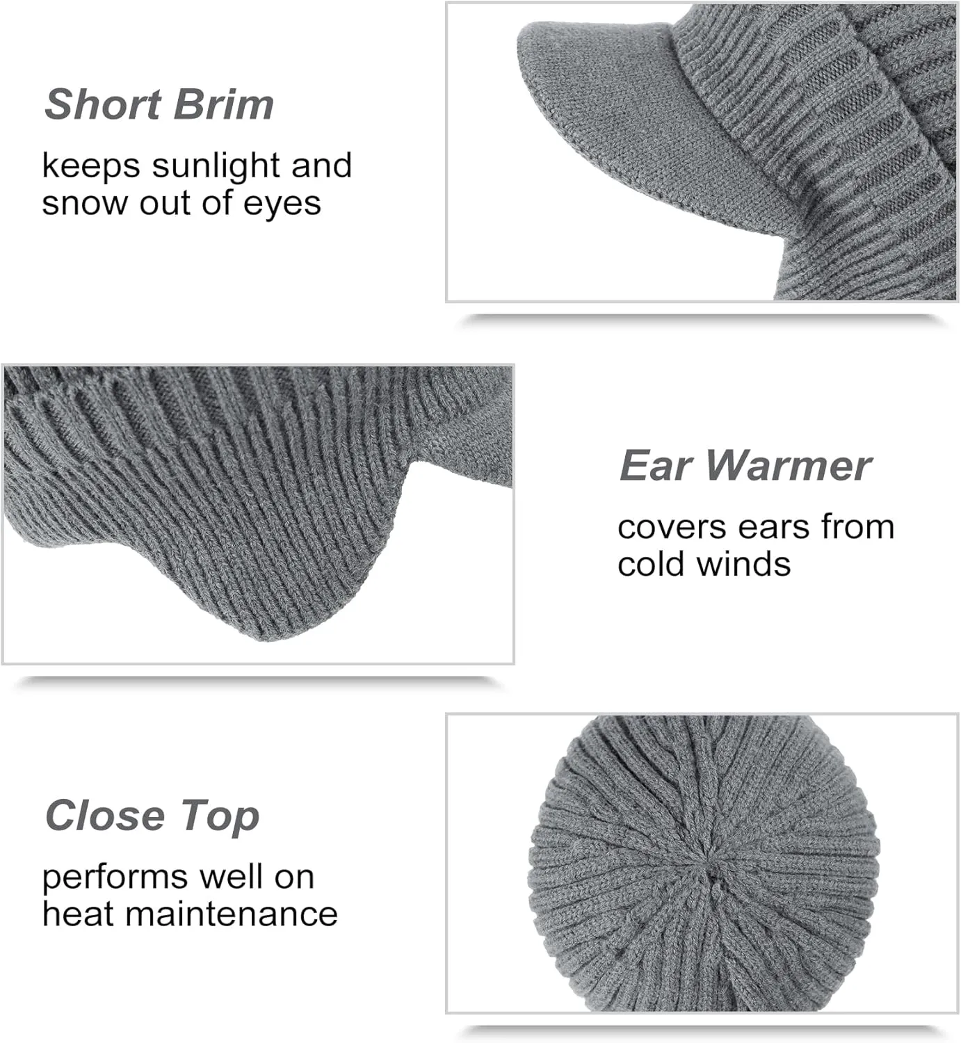 Koreshion Men's Winter Visor Beanie Hat with Earflaps Knit Baseball Cap with Brim Ski Hat Warm Fleece Lined Hunting Hat