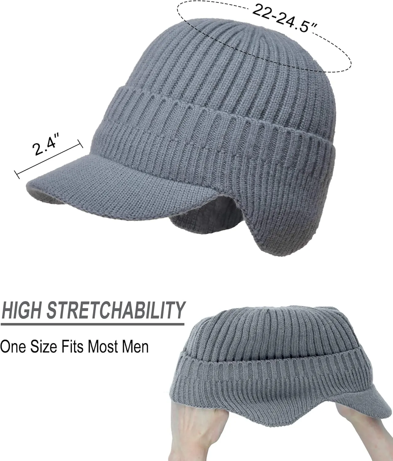 Koreshion Men's Winter Visor Beanie Hat with Earflaps Knit Baseball Cap with Brim Ski Hat Warm Fleece Lined Hunting Hat