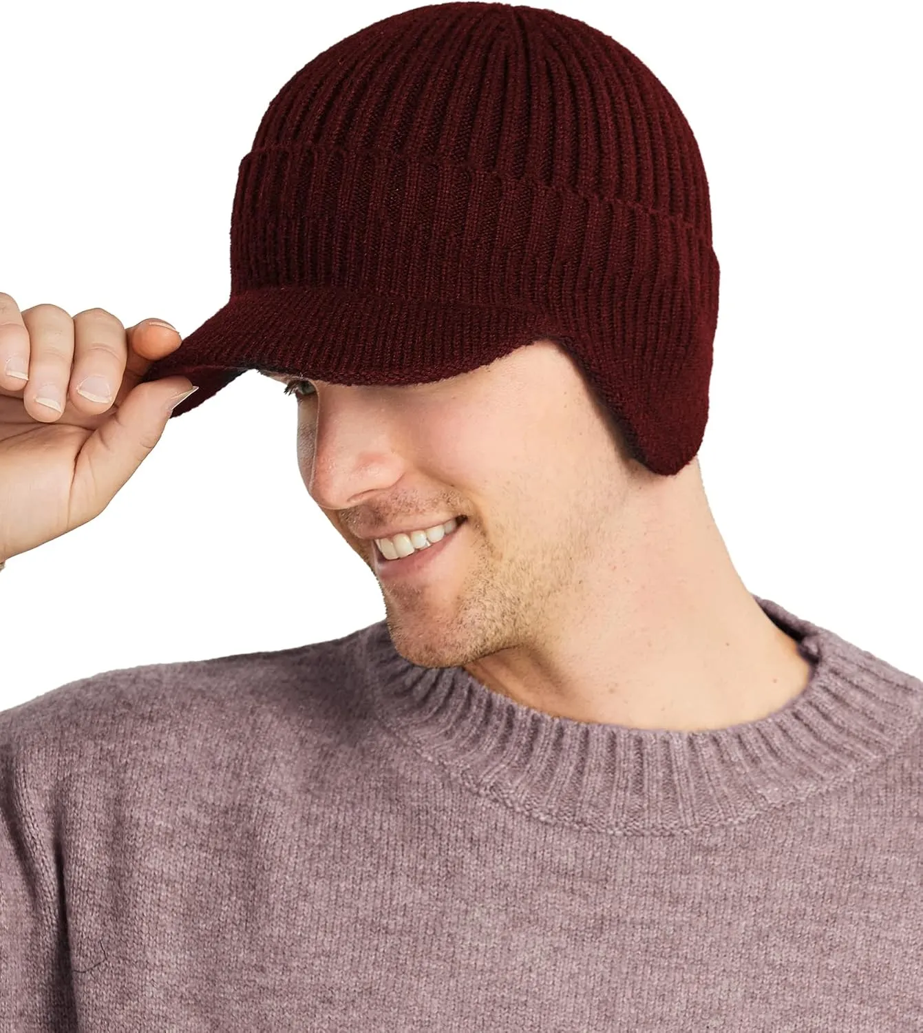 Koreshion Men's Winter Visor Beanie Hat with Earflaps Knit Baseball Cap with Brim Ski Hat Warm Fleece Lined Hunting Hat