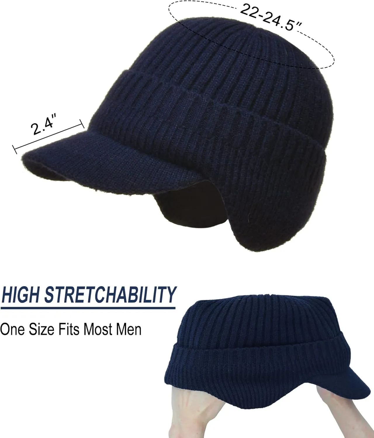 Koreshion Men's Winter Visor Beanie Hat with Earflaps Knit Baseball Cap with Brim Ski Hat Warm Fleece Lined Hunting Hat