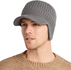 Koreshion Men's Winter Visor Beanie Hat with Earflaps Knit Baseball Cap with Brim Ski Hat Warm Fleece Lined Hunting Hat