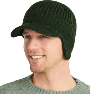 Koreshion Men's Winter Visor Beanie Hat with Earflaps Knit Baseball Cap with Brim Ski Hat Warm Fleece Lined Hunting Hat