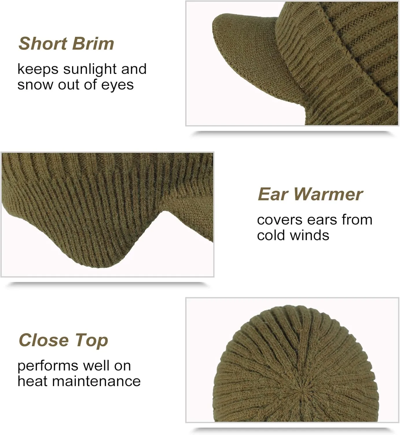 Koreshion Men's Winter Visor Beanie Hat with Earflaps Knit Baseball Cap with Brim Ski Hat Warm Fleece Lined Hunting Hat