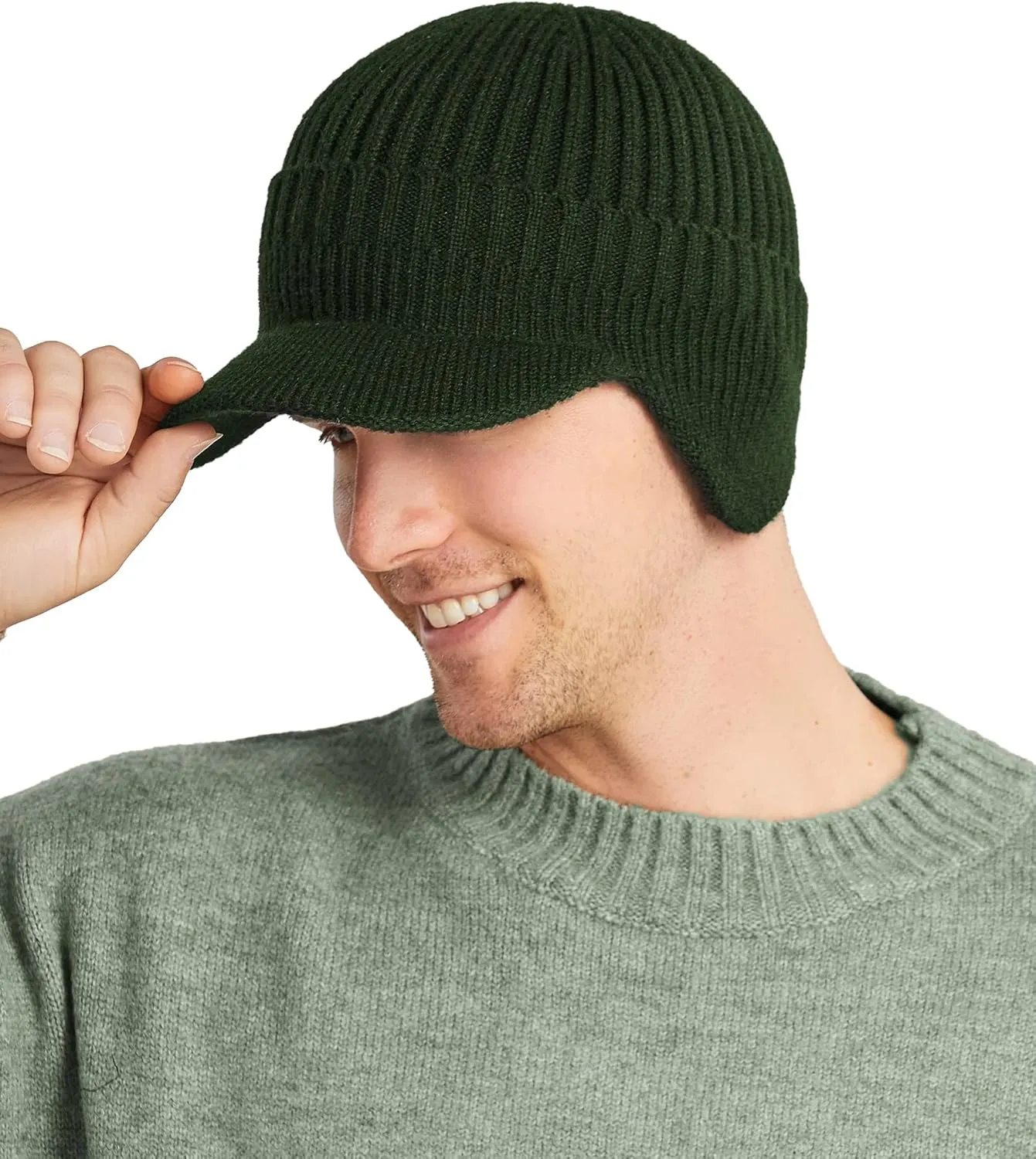 Koreshion Men's Winter Visor Beanie Hat with Earflaps Knit Baseball Cap with Brim Ski Hat Warm Fleece Lined Hunting Hat