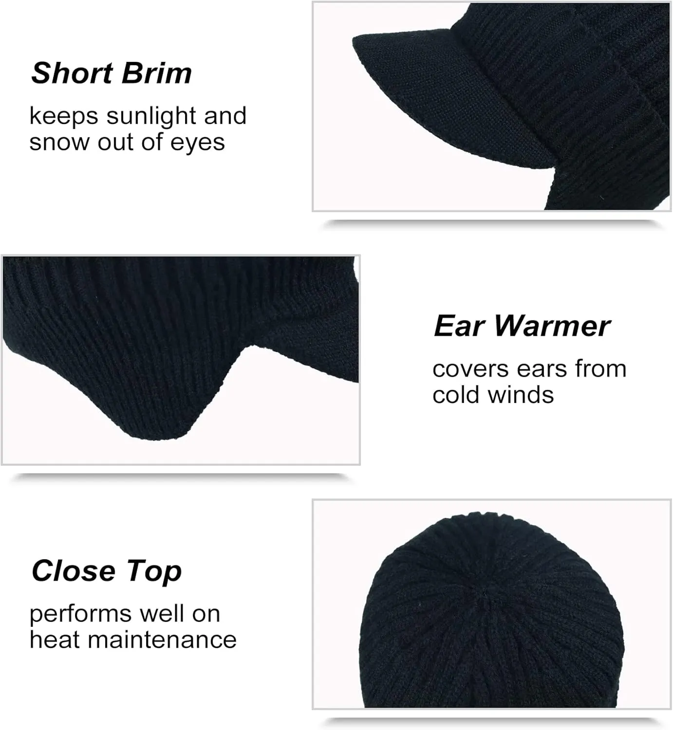 Koreshion Men's Winter Visor Beanie Hat with Earflaps Knit Baseball Cap with Brim Ski Hat Warm Fleece Lined Hunting Hat