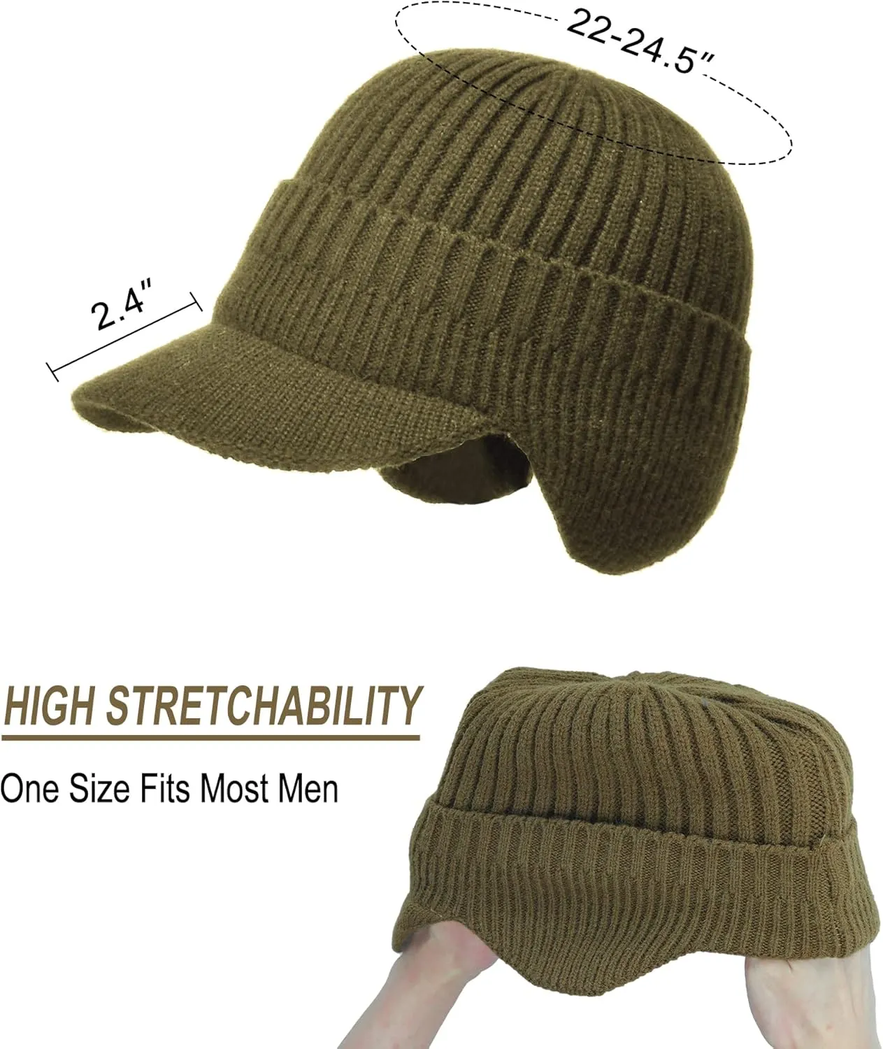 Koreshion Men's Winter Visor Beanie Hat with Earflaps Knit Baseball Cap with Brim Ski Hat Warm Fleece Lined Hunting Hat