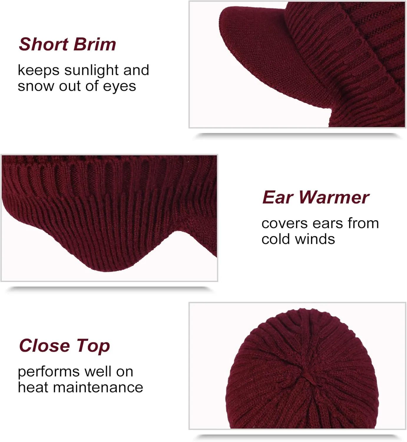Koreshion Men's Winter Visor Beanie Hat with Earflaps Knit Baseball Cap with Brim Ski Hat Warm Fleece Lined Hunting Hat