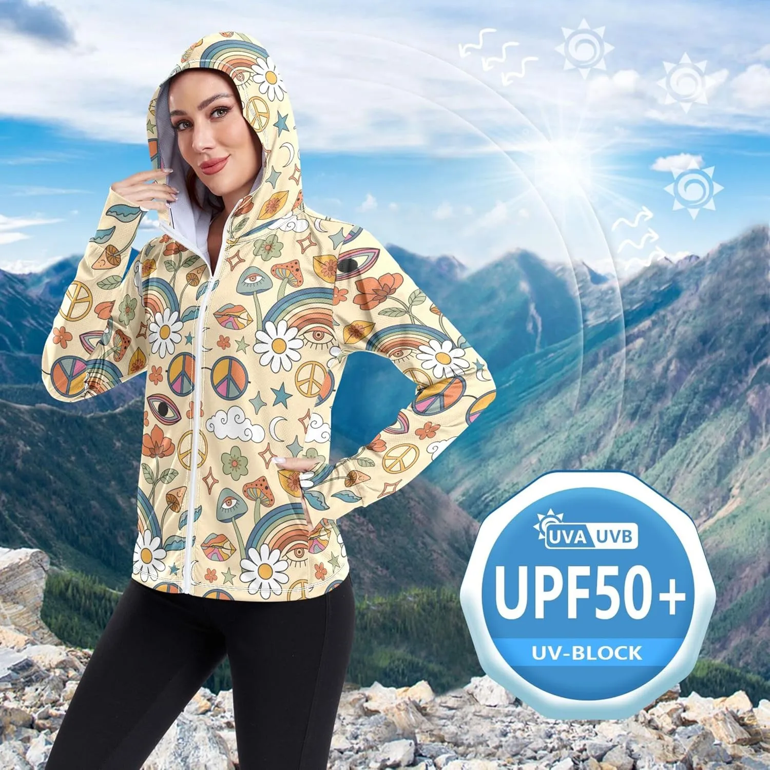 linqin Sunscreen Hoodie with Pockets Sun Shirt UPF 50  Protection Cute Sweatshirt Lightweight Jacket Women