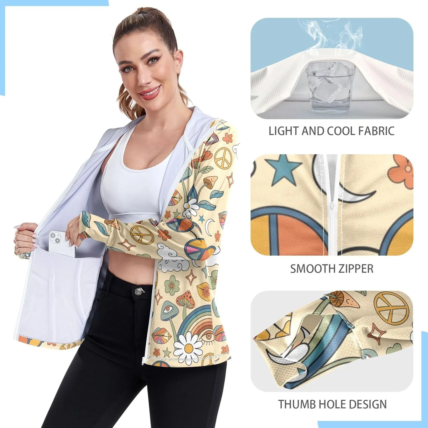 linqin Sunscreen Hoodie with Pockets Sun Shirt UPF 50  Protection Cute Sweatshirt Lightweight Jacket Women