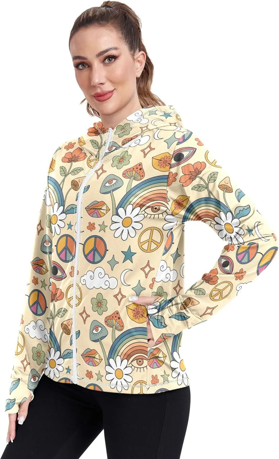 linqin Sunscreen Hoodie with Pockets Sun Shirt UPF 50  Protection Cute Sweatshirt Lightweight Jacket Women