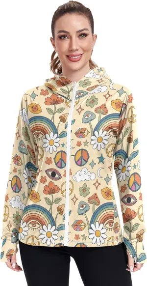 linqin Sunscreen Hoodie with Pockets Sun Shirt UPF 50  Protection Cute Sweatshirt Lightweight Jacket Women