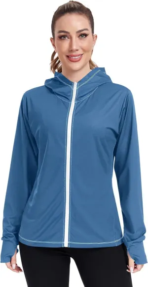 linqin Women Hoodies With Zipper with Thumb Holes Gym Shirts UPF 50  Protection Women Sweatshirt Zip Up Jacket