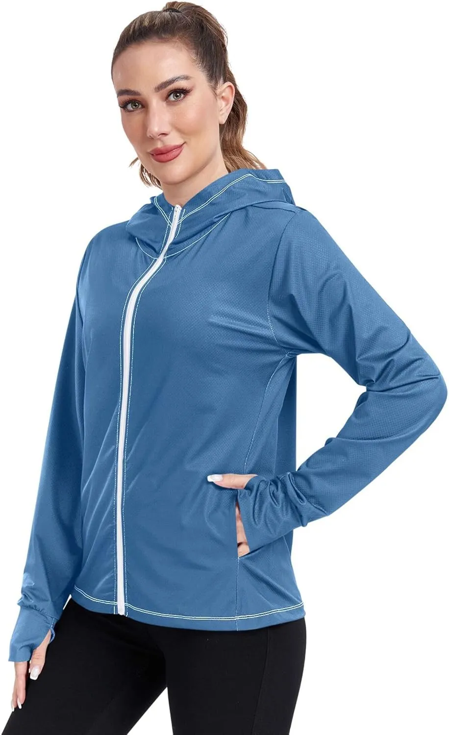 linqin Women Hoodies With Zipper with Thumb Holes Gym Shirts UPF 50  Protection Women Sweatshirt Zip Up Jacket