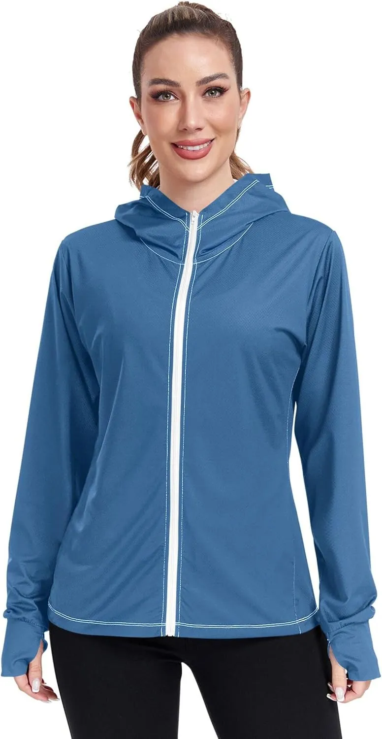 linqin Women Hoodies With Zipper with Thumb Holes Gym Shirts UPF 50  Protection Women Sweatshirt Zip Up Jacket